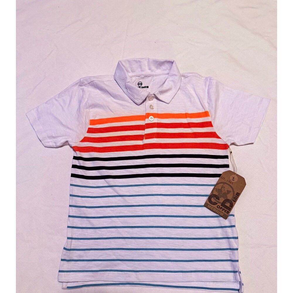 Copper Denim Men's M White Striped Polo Shirt Short Sleeve 100% Cotton